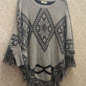 Gray and Black Patterned Women's Poncho Sweater